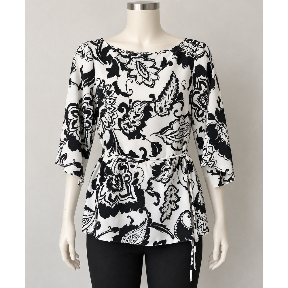 Lauren Ralph Lauren Black White Floral Paisley Tunic Blouse 3/4 Sleeve Medium